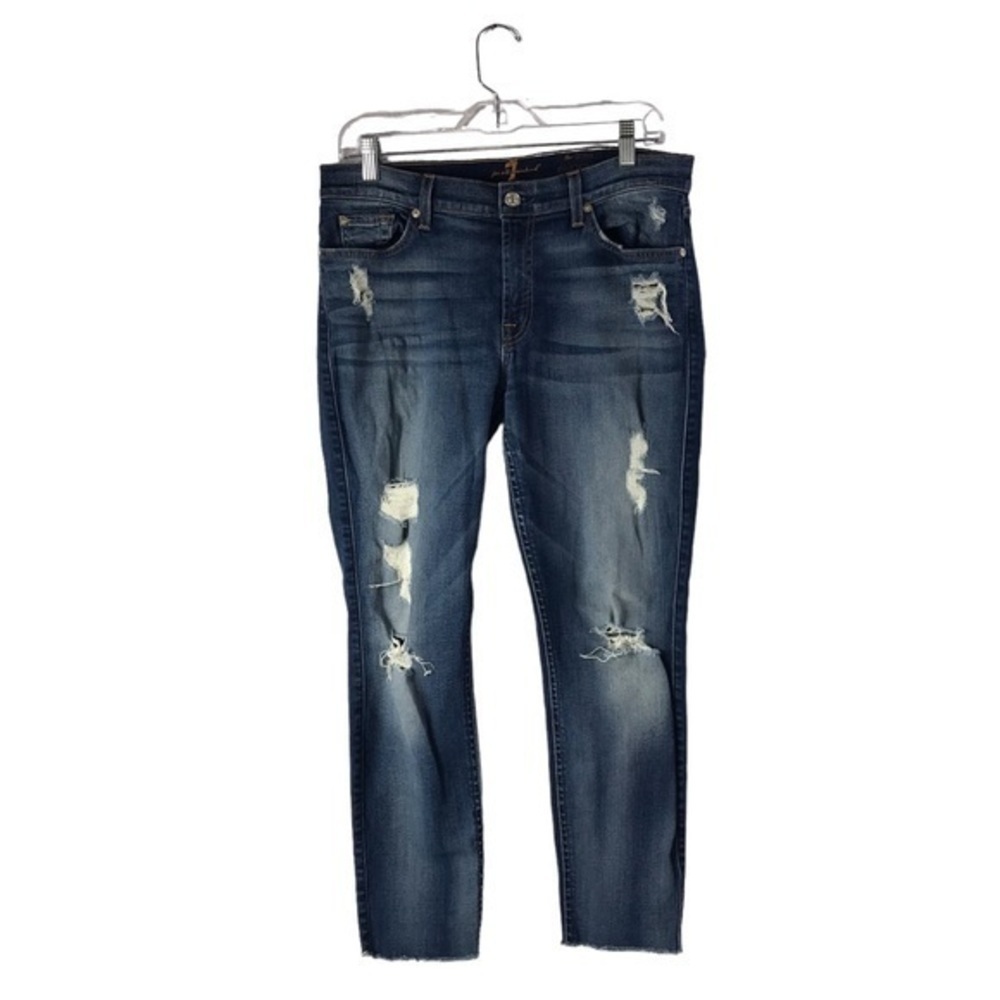 7 for all Mankind the ankle skinny medium wash destroyed jeans size 32